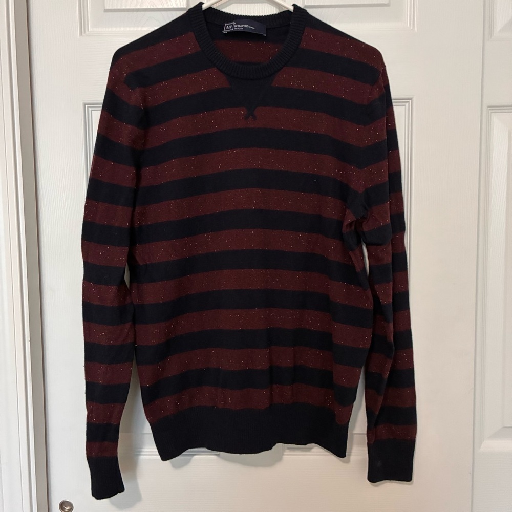 Gap Sweater Cotton Cashmere Crew Neck Pullover Navy & Burgundy Striped Mens Sz L